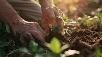 Hands planting a young seedling