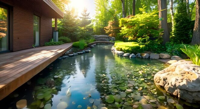 Charming backyard pond with wooden deck vibrant aquatic plants and arching bridge. Concept Backyard Pond, Wooden Deck, Aquatic Plants, Arching Bridge, Relaxing Oasis