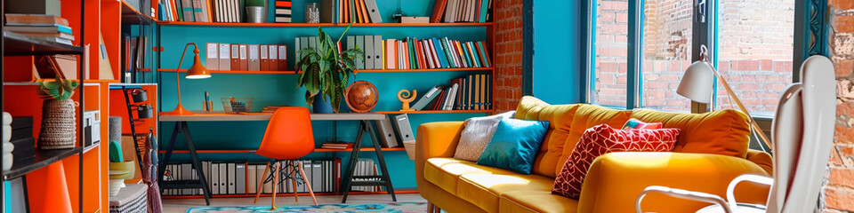 A vibrant study room with eclectic decor and colorful accents, providing ample copy space for creative inspiration.