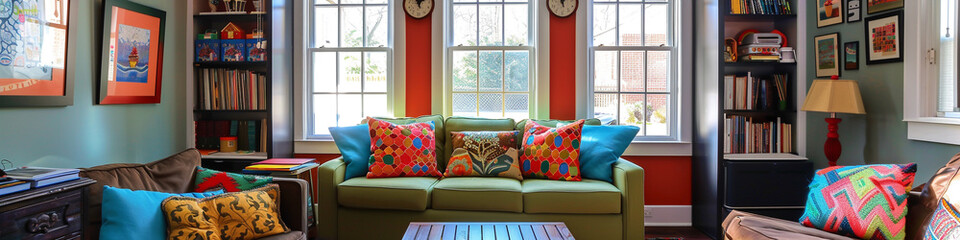 A vibrant study room with eclectic decor and colorful accents, providing ample copy space for creative inspiration.