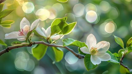 A flower on a tree branch with blurred background due to bokeh and ambient lighting