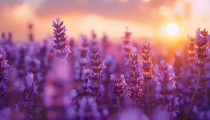 A serene lavender field at sunset, with soft purples and golds, perfect for soothing or wellnessthemed visuals