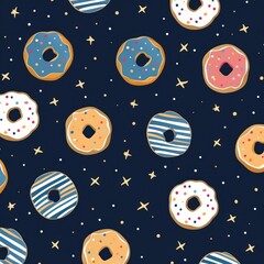 Navy Blue background simple minimalistic seamless pattern, multicolored playful hand drawn cute lines and stars on sugar sprinkles on a donut, confetti