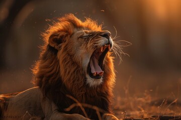 A lion is roaring in the wild. The lion is in a grassy area with a lot of dry grass