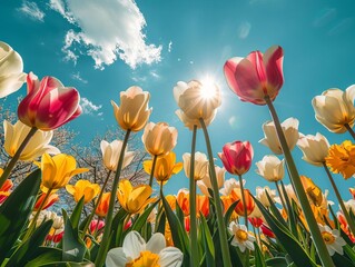 Vibrant flower garden full of tulips and daffodils under a sunny sky