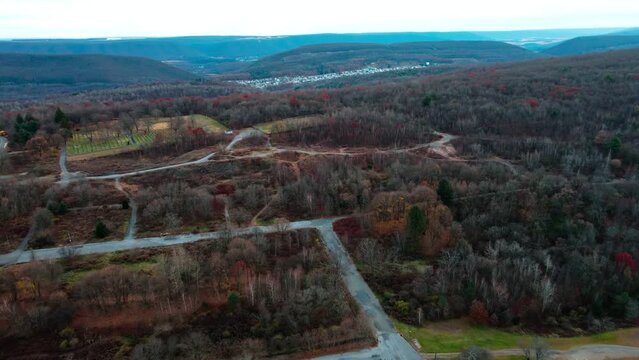 Aerial landscape of graffiti road in Fall around abandoned coal town Centralia Pennsylvania