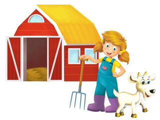 cartoon scene with farmer girl standing with pitchfork and farm animal goat isolated background illustation for children