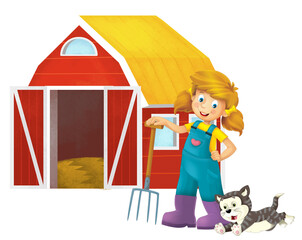 cartoon scene with farmer girl standing with pitchfork and farm animal cat kitty isolated background illustation for children