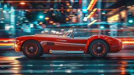 A vintage sports car, gleaming under the city lights, its curves and contours a symphony of...