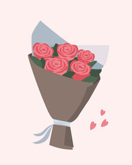 A bouquet of roses in a festive package. Bunch of beautiful flowers with leaves. Gift for birthday, valentine's day. Vector graphics.