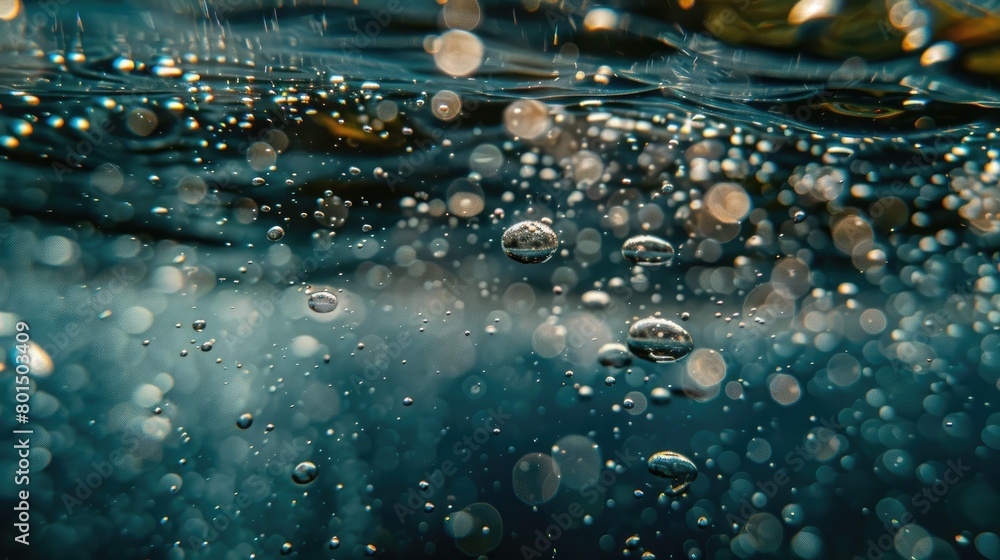 Poster the image is of a body of water with many small bubbles floating on the surface. the bubbles are sca