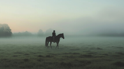 Lone Rider on Horse in Misty Morning Field