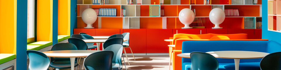A vibrant and inviting study room with colorful accent walls and modern furniture, providing ample copy space for focused work.