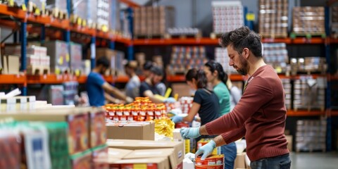Warehouse Worker Organizing Products on Shelves in Distribution Center