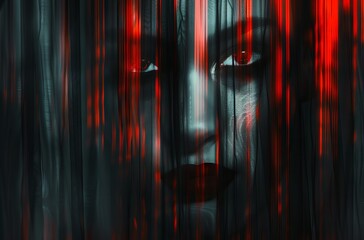 Abstract photography of an abstract face in red and black stripes, the background is dark with blurred curtains, the figure appears from behind the curtain in shades of gray, the eyes glow white, a my
