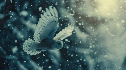 Obraz premium A white owl flies through the winter air, snowflakes dusting its wings In the backdrop stands a tree