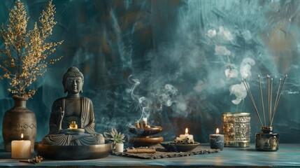 Serene Zen Buddha Statue with Incense and Candles on Blue Background