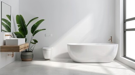 Fototapeta premium a white bathroom interior featuring a bathtub and toilet, accented with wooden furniture and a window on the wall, bathed in bright daylight.