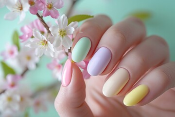 Female hands with beautiful blank pastel colors nails. Woman hands with trendy polish manicure on background with spring summer flowers