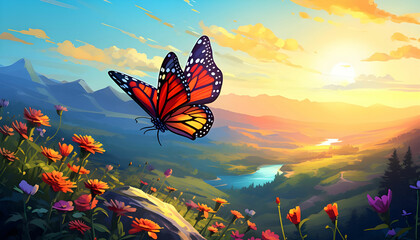 butterfly flying over vibrant natures colorful