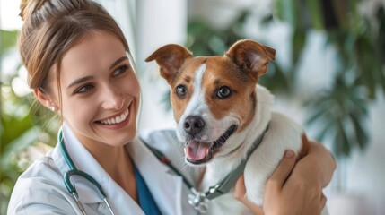 A veterinarian is smiling while holding a small dog.