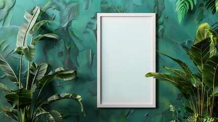 Against a backdrop of lush emerald green, a pristine white mockup frame exudes a sense of timeless elegance, awaiting its perfect content