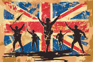 Silhouettes of jubilant soldiers against a weathered Union Jack backdrop commemorate Anzac Day.