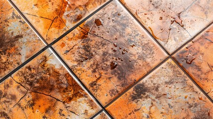   A tight shot of a tiled floor displays rust stains and a central metal object