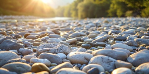 Obraz premium Sunny Riverside Pebbles - Tranquil Nature Scene with Warm Sunlight