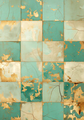 Abstract background with aged gold marble and muted emerald inlays, adorned with distressed tile patterns