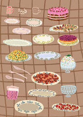 A set of illustrated kitchen elements for creating an individual design. Plates with salad for the holiday, serving and cups.