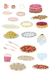 A set of illustrated transparent PNG kitchen elements for creating an individual design. Plates with salad for the holiday, serving and cups.