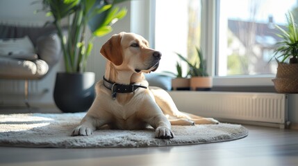 A yellow Labrador Retriever dog is lying on a white rug in a sunny room.