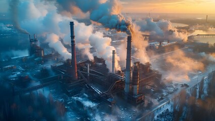 Factory releases thick smoke, causing pollution and destruction of chimneys. Concept Air Pollution, Environmental Destruction, Industrial Waste, Harmful Emissions, Factory Operations