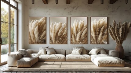 Contemporary prints of dry pampas grass. Bohemian botanical wall art set. Prints of abstract exotic plants. Soft, muted colors. Mid-century modernist aesthetic.