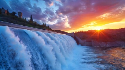 Obraz premium Oroville Dam's Sunset View: Highlighting the Essential Outflow Mechanism for California's Water System. Concept Nature, Sunset, Engineering, Water System, California