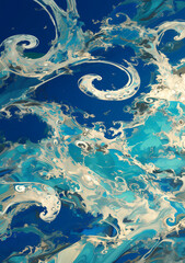 Abstract background of azure marble with silver swirling eddies and polygonal ice crystal patterns