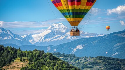 Fototapeta premium a colorful hot air balloon gliding gracefully over the breathtaking French Alps, as passengers inside the wicker basket enjoy the awe-inspiring aerial vista below.