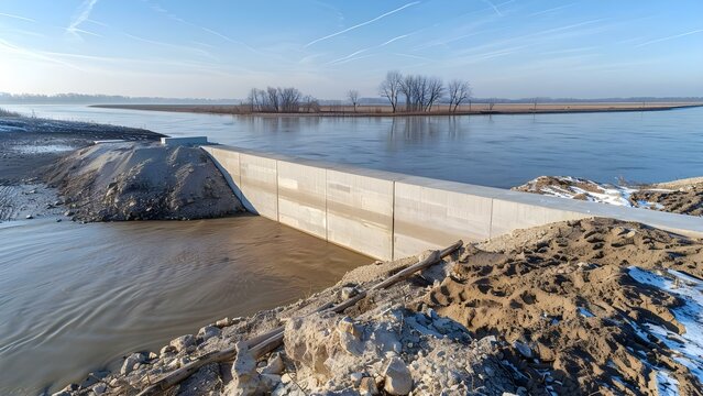 Large concrete slabs strengthen levee structure. Concept Concrete Slabs, Levee Strengthening, Civil Engineering, Flood Protection, Infrastructure Upgrade