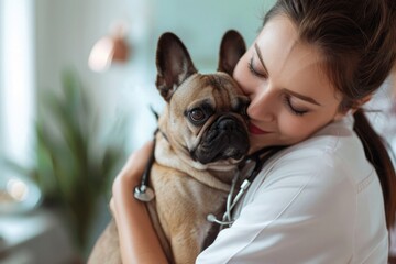 close up of a female vet hugging a dog