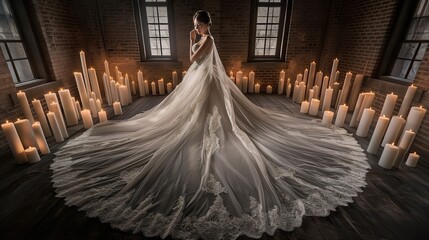 Naklejka premium bridal photo, where the bride stands against a backdrop of lush gardens, her gown billowing gently in the breeze as she gazes lovingly at her partner.
