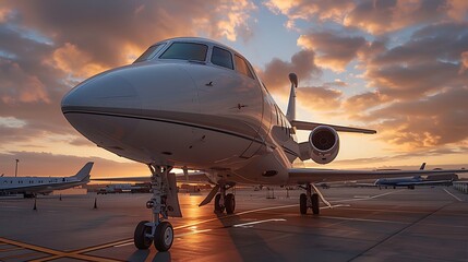 A private jet poised on the tarmac, its sleek fuselage and polished exterior embodying the pinnacle...