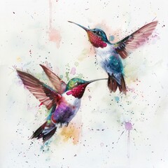 flying couple of hummingbirds in watercolour on white background