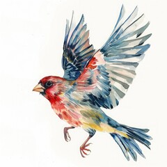 flying finch bird in watercolour on white background