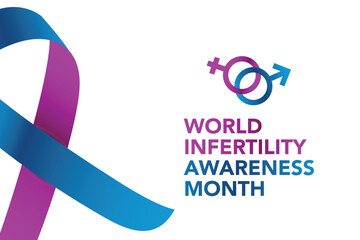 June is World Infertility Awareness Month vector. Pink and blue awareness ribbon with world map silhouette icon vector isolated on a white background. Fertility health design element. Important day