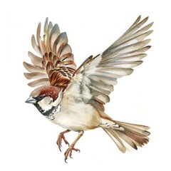 flying sparrow bird in watercolour on white background