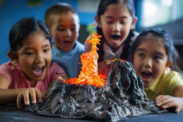 surprised, excited kids watching a model volcano erupting on a table