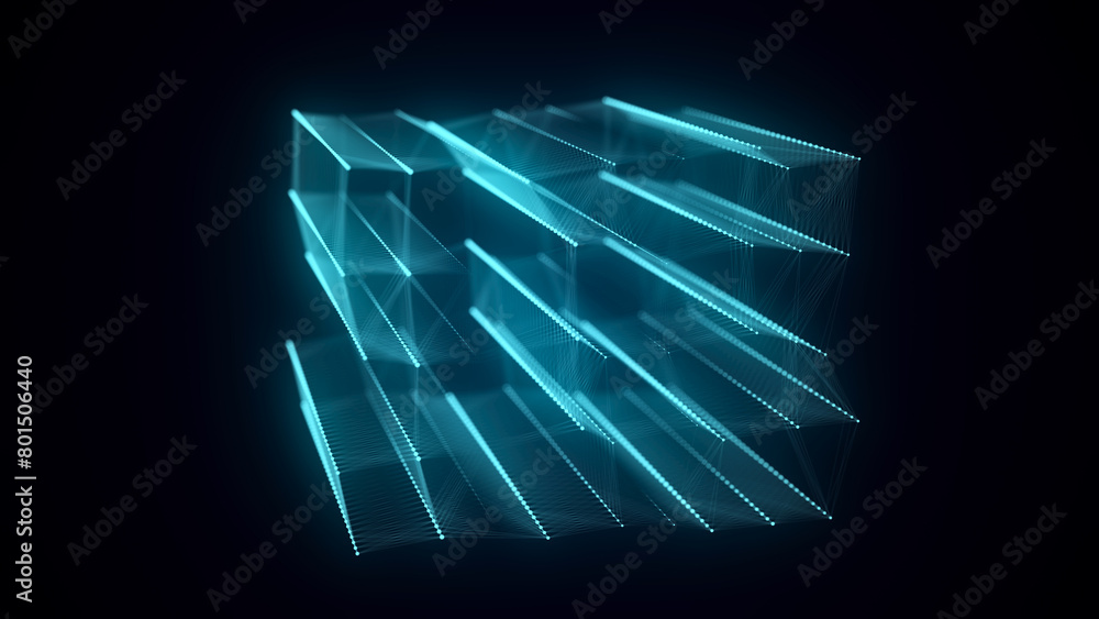 Poster Abstract blue cube with connecting dots and lines. Big data visualization. Blockchain technology concept. Wireframe network connection structure. 3d rendering.