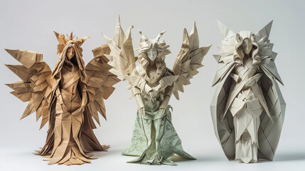  A collection of intricate origami sculptures representing different aspects of the feminine archetype, from nurturing mothers to fierce warriors, each fold telling a story of resilience and courage.