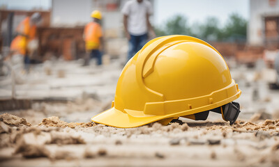 Yellow hard safety helmet hat for safety project of workman as engineer or worker, on concrete floor on city. at construction site background.